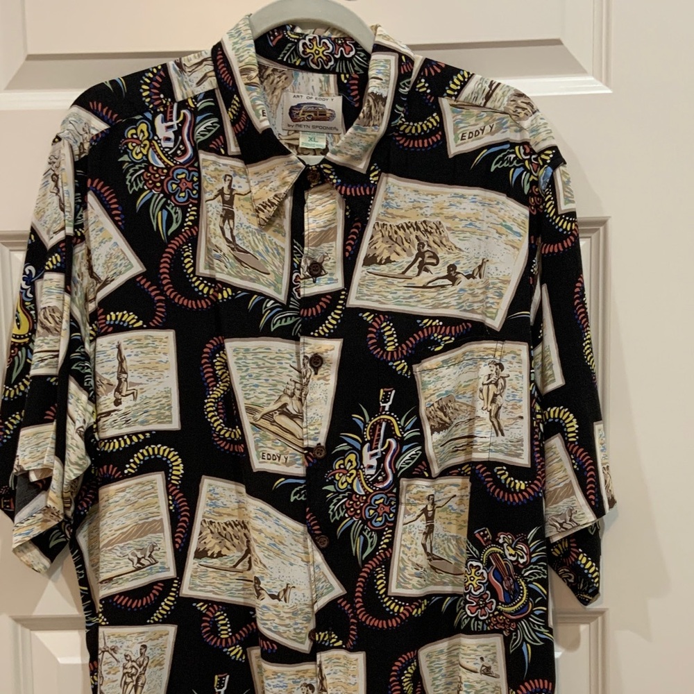 Reyn Spooner Art of Eddy Y Shirt Guitars and Surfing! Men’s Sz XL